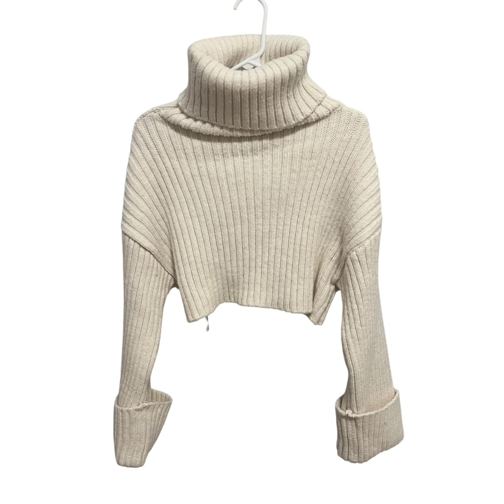 Zara Off White/Cream Cropped Ribbed Turtleneck Long sleeves Knit Sweater; Size M - Picture 2 of 6